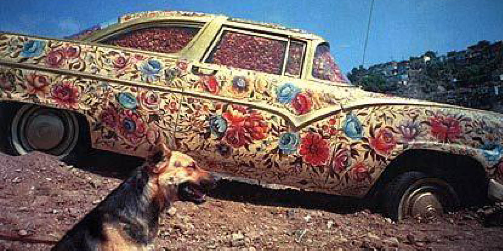 Romero Betsabée, Ayate con Perro. C-print mounted on Sintra InSite 97, Ford Victoria 55 with applied oil paint and 1,000 roses in interior, Colonia Libertad, Tijuana, México