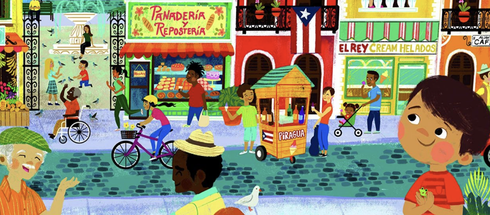 Event image (drawing of people walking around El Barrio)